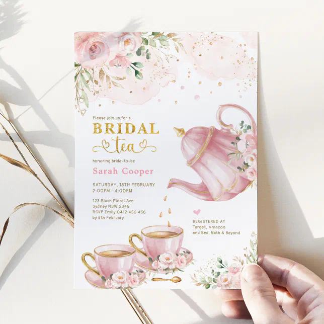 Feminine Blush Gold Floral Bridal Shower Tea Party Invitation | Zazzle