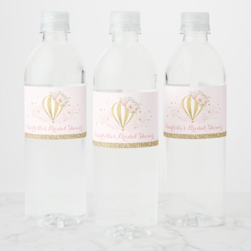 Feminine Blush Gold Floral Hot Air Balloon Favors Water Bottle Label