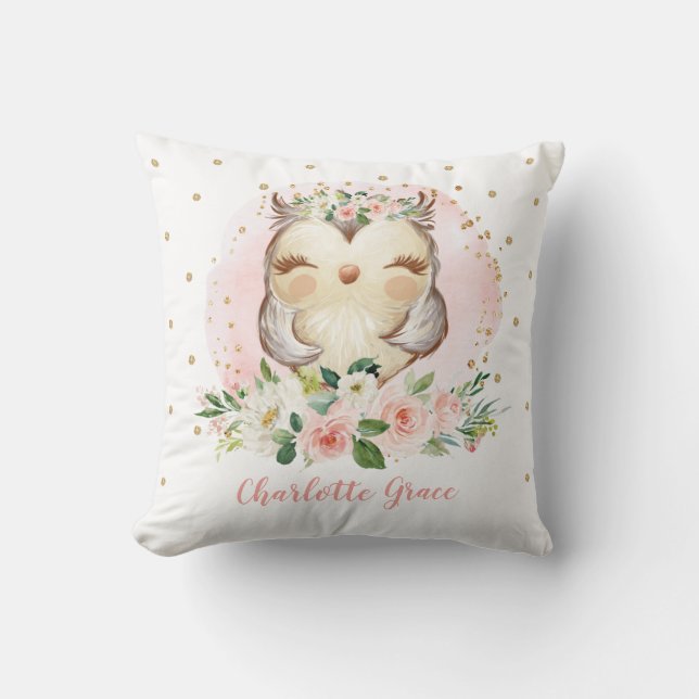 Feminine Blush Gold Floral Owl Girl Nursery Throw Pillow (Front)