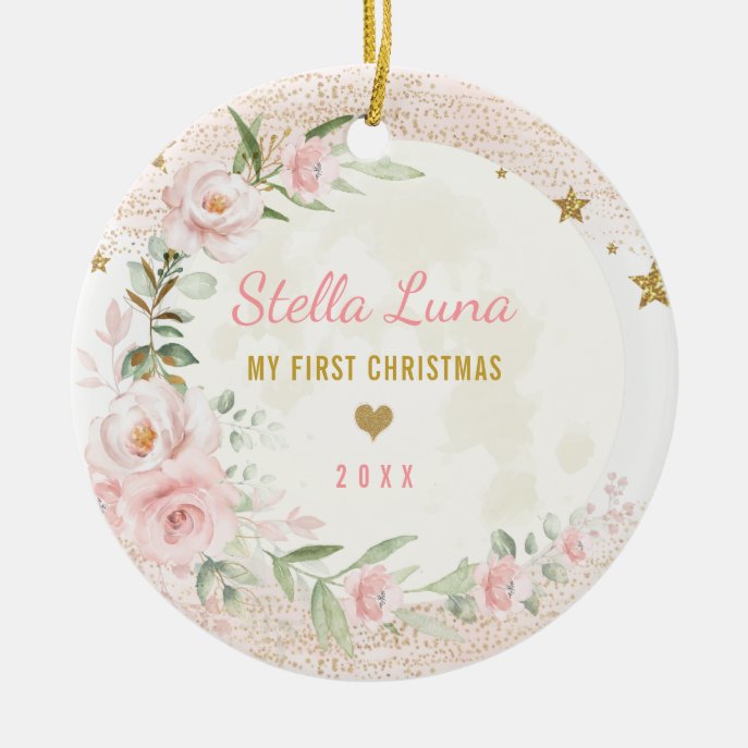 Feminine Blush Gold Moon Stars Baby 1st Christmas Ceramic Ornament