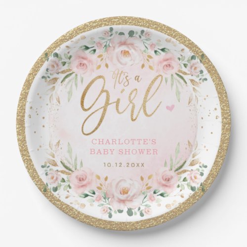 Feminine Blush Gold Pink Floral Baby Girl Shower Paper Plates