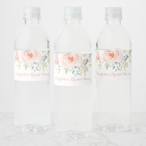 Feminine Blush Gold Watercolor Flower Rose Favors Water Bottle Label