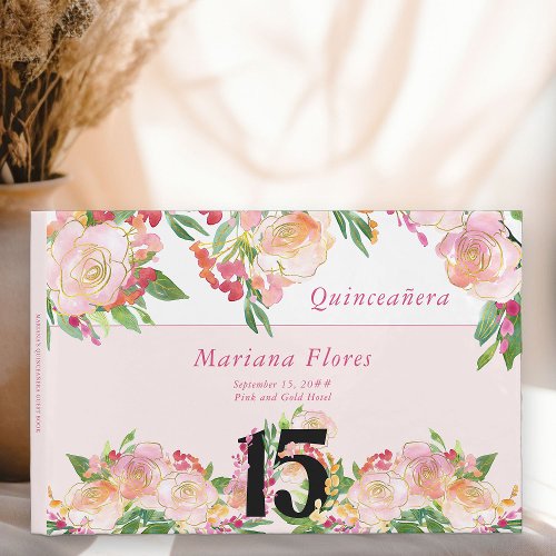 Feminine Blush Pink and Gold Floral 15th Birthday Guest Book