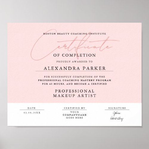 Feminine Blush Pink And White Certificate Award Poster
