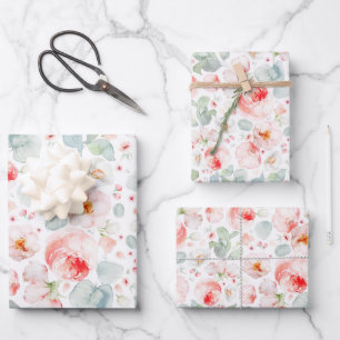 Feminine Blush Pink and White Watercolor Floral  Wrapping Paper Sheets