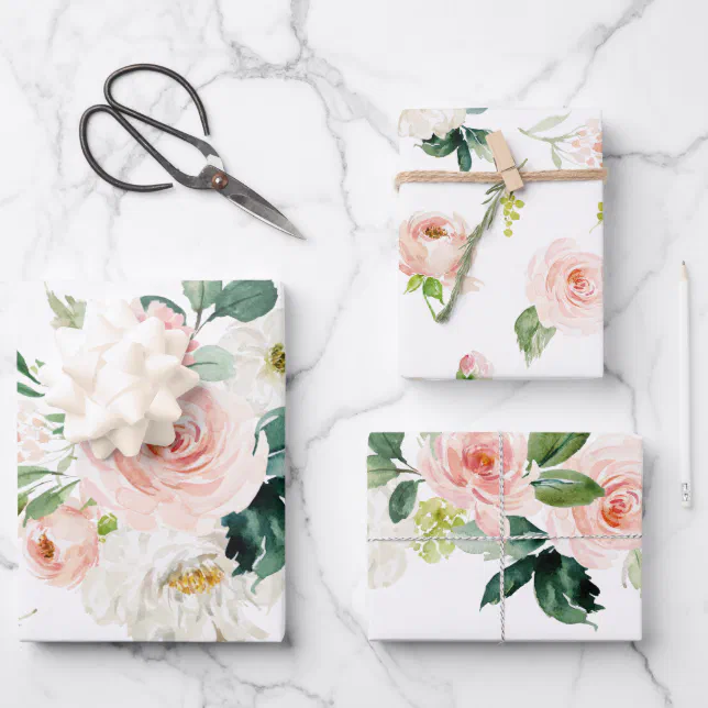 Feminine Blush Pink and White Watercolor Floral Wrapping Paper Sheets ...