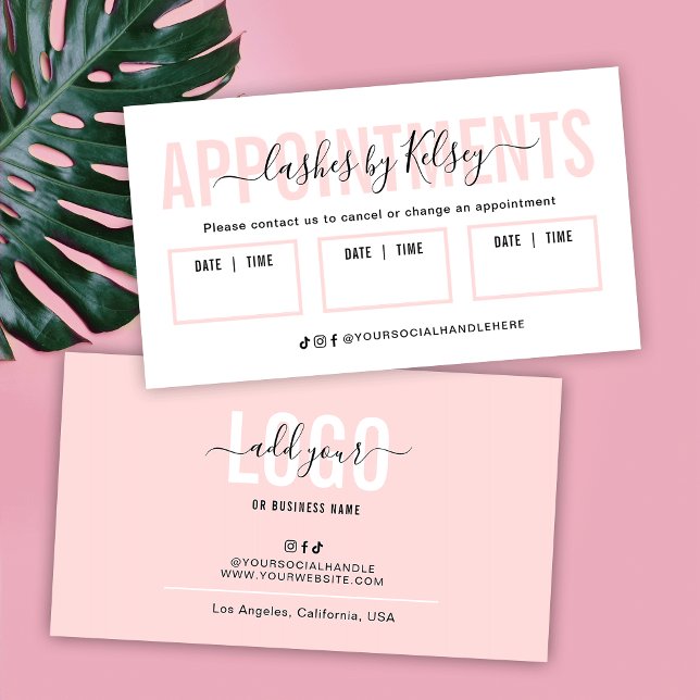Feminine Blush Pink Beauty Salon Lash Spa Logo Appointment Card (Feminine blush pink and white salon appointment reminder cards)