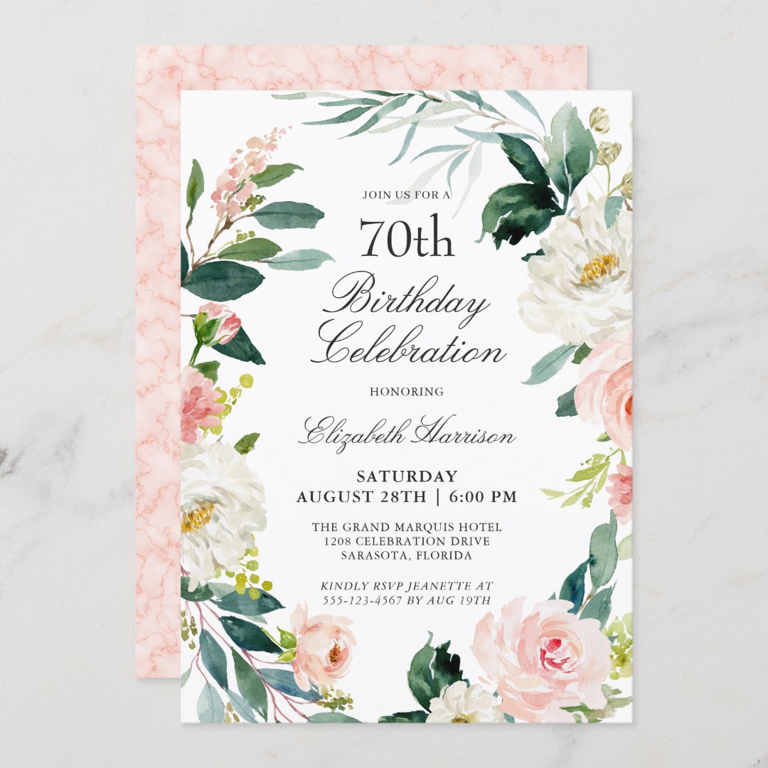 Feminine Blush Pink Floral 70th Birthday Party Invitation | Zazzle