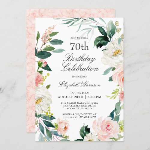 Feminine Blush Pink Floral 70th Birthday Party Invitation