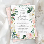 Feminine Blush Pink Floral 70th Birthday Party Invitation<br><div class="desc">A beautifully feminine 70th birthday party invitation framed in a wreath of blush pink and white watercolor roses and trailing greenery. The color combinations are both feminine and cheerful to prepare your guests for a happy celebration. Personalize with your event details by replacing the sample text shown in the design...</div>