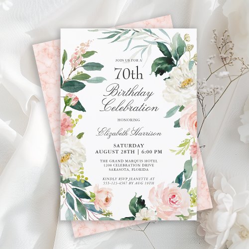 Feminine Blush Pink Floral 70th Birthday Party