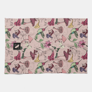Feminine Blush Pink Floral Hummingbird Garden Kitchen Towel