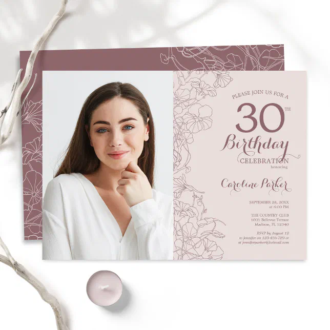 Feminine Blush Pink Floral Photo 30th Birthday Invitation Zazzle