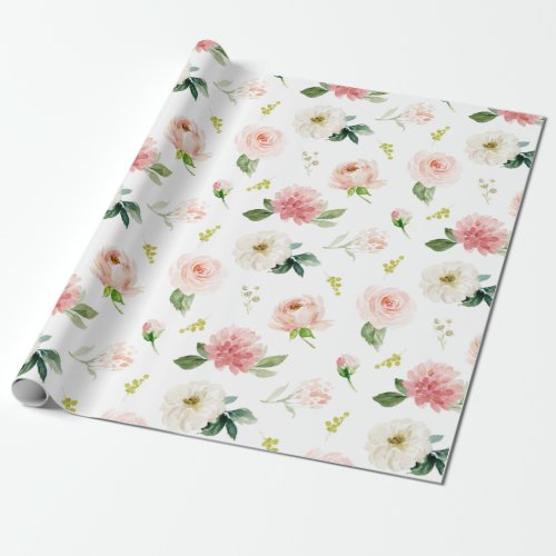 Feminine Blush Pink Floral Watercolor Pattern Wrapping Paper
