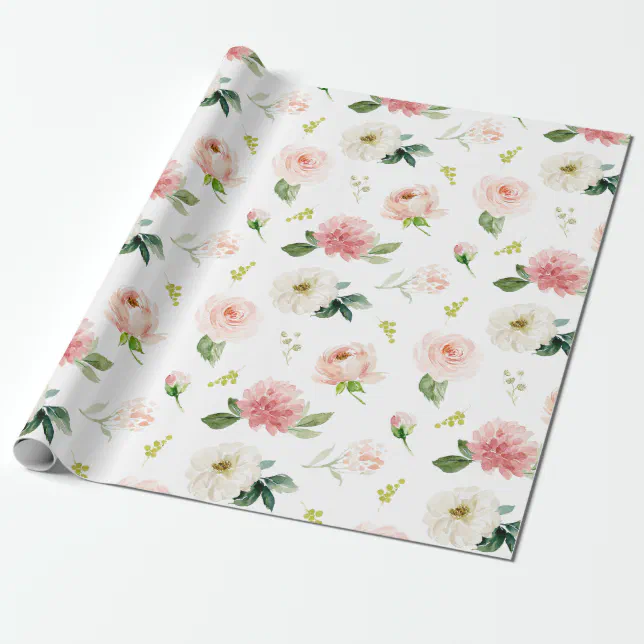 Feminine Blush Pink Floral Watercolor Pattern Wrapping Paper | Zazzle