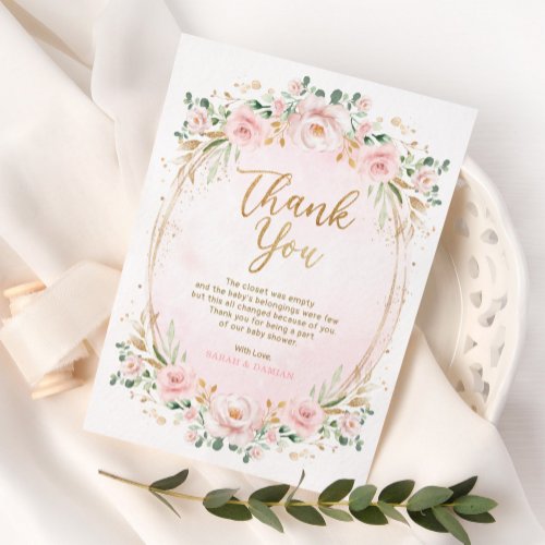 Feminine Blush Pink Gold Floral Baby Girl Shower Thank You Card