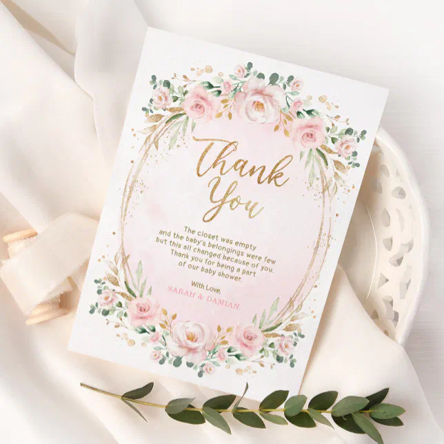 Feminine Blush Pink Gold Floral Baby Girl Shower Thank You Card | Zazzle
