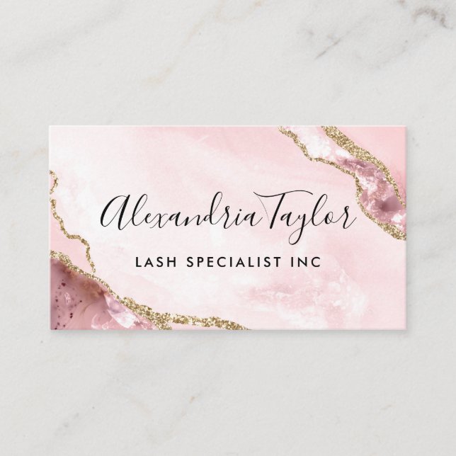 Feminine Blush Pink Gold Glitter Marble Agate Business Card (Front)