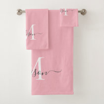 Feminine Blush Pink Gray Monogram Script Name Chic Bath Towel Set
