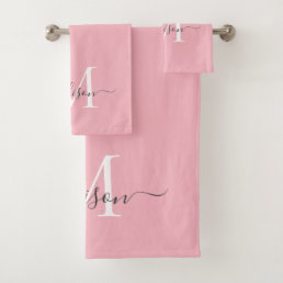 Feminine Blush Pink Gray Monogram Script Name Chic Bath Towel Set