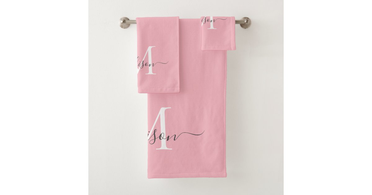 Feminine Blush Pink Gray Monogram Script Name Chic Bath Towel Set Zazzle