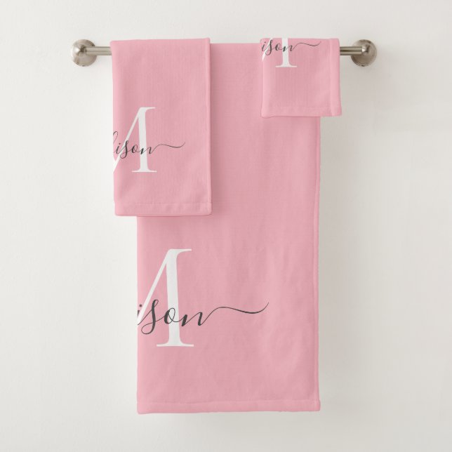 Feminine Blush Pink Gray Monogram Script Name Chic Bath Towel Set (Insitu)
