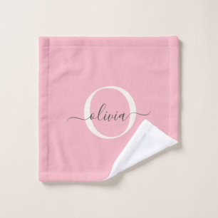 Feminine Blush Pink Gray Monogram Script Name Chic Bath Towel Set