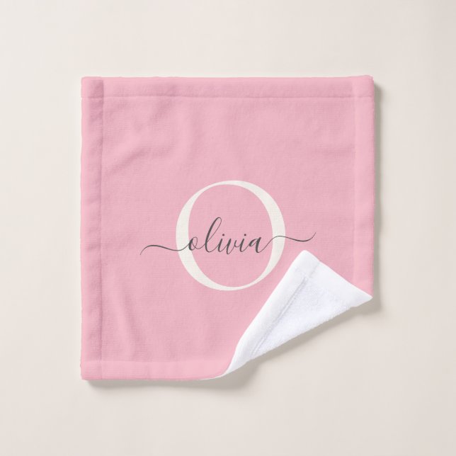 Feminine Blush Pink Gray Monogram Script Name Chic Bath Towel Set (Wash Cloth)