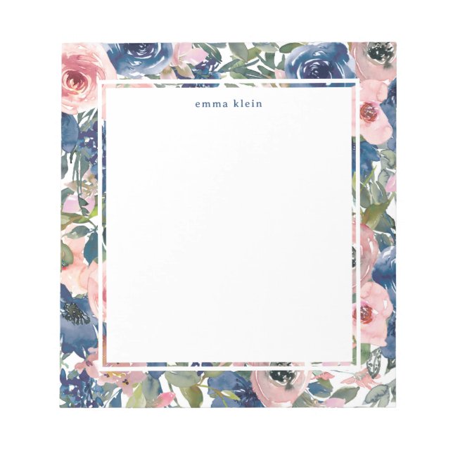 Feminine Blush Pink Navy Blue Floral Pattern Notepad (Front)