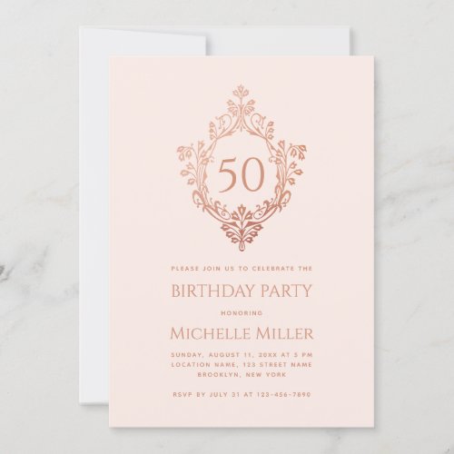 Feminine Blush Pink Rose Gold Crest 50th Birthday Invitation