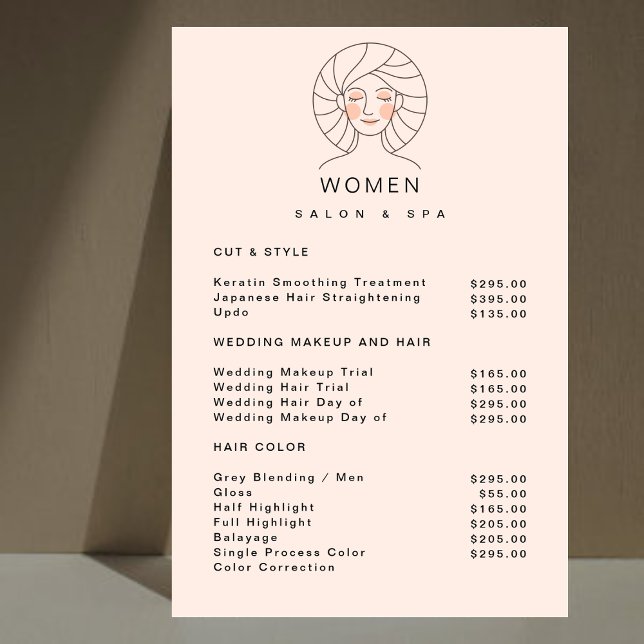 Feminine Blush Pink Salon Services Price List  Foam Board (Creator Uploaded)