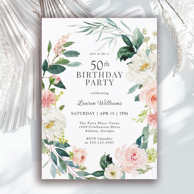 Feminine Blush Rose Floral 50th Birthday Party Invitation (Available in both printed and instant download digital formats.)