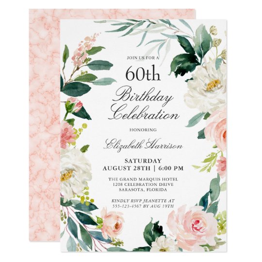 Feminine Blush Rose Floral 60th Birthday Party Invitation | Zazzle.com