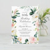 Feminine Blush Rose Floral 60th Birthday Party Invitation (Standing Front)
