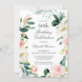 Feminine Blush Rose Floral 60th Birthday Party Invitation (Front)