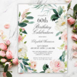 Feminine Blush Rose Floral 60th Birthday Party Invitation<br><div class="desc">A wonderfully feminine 60th birthday party invitation framed in a wreath of blush pink and white watercolor roses and trailing greenery. The color combinations are both feminine and cheerful to prepare your guests for a happy celebration. Personalize with your event details by replacing the sample text shown in the design...</div>