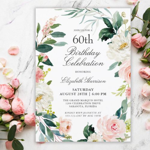 Feminine Blush Rose Floral 60th Birthday Party Invitation