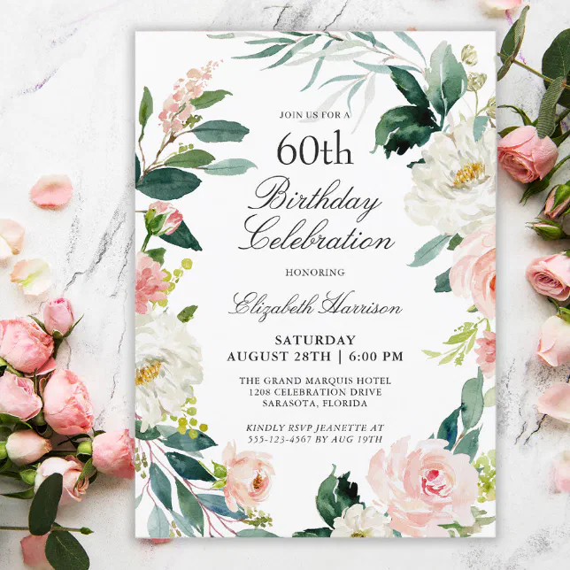 Feminine Blush Rose Floral 60th Birthday Party Invitation | Zazzle