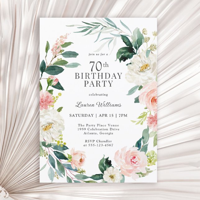 Feminine Blush Rose Floral 70th Birthday Party Invitation (Available in both printed and instant download digital formats.)