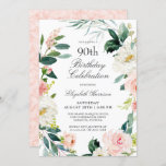 Feminine Blush Rose Floral 90th Birthday Party Invitation<br><div class="desc">A wonderfully feminine 90th birthday party invitation framed in a wreath of blush pink and white watercolor roses and trailing greenery. The color combinations are both feminine and cheerful to prepare your guests for a happy celebration. Personalize with your event details by replacing the sample text shown in the design...</div>