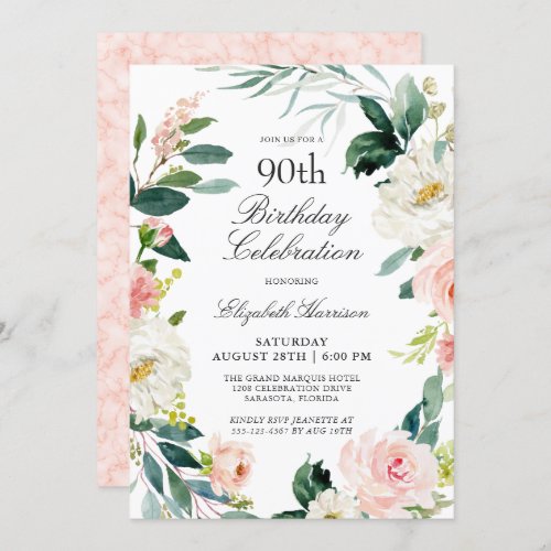 Feminine Blush Rose Floral 90th Birthday Party Invitation