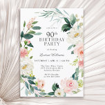 Feminine Blush Rose Floral 90th Birthday Party Invitation<br><div class="desc">A beautifully feminine 90th birthday party invitation framed in a wreath of blush pink and white watercolor roses and trailing greenery. The color combinations are both feminine and cheerful to prepare your guests for a happy celebration. Personalize with your event details by replacing the sample text shown in the design...</div>