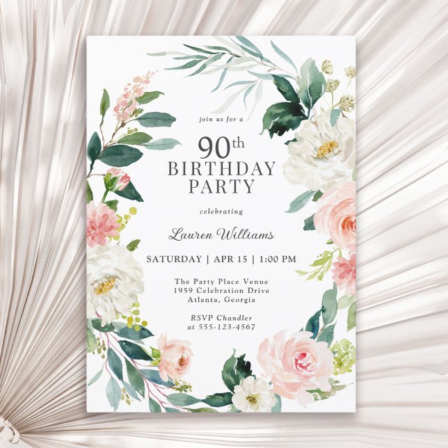 Feminine Blush Rose Floral 90th Birthday Party Invitation (Available in both printed and instant download digital formats.)