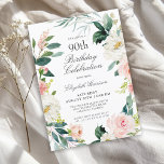 Feminine Blush Rose Floral 90th Birthday Party Invitation<br><div class="desc">A wonderfully feminine 90th birthday party invitation framed in a wreath of blush pink and white watercolor roses and trailing greenery. The color combinations are both feminine and cheerful to prepare your guests for a happy celebration. Personalize with your event details by replacing the sample text shown in the design...</div>