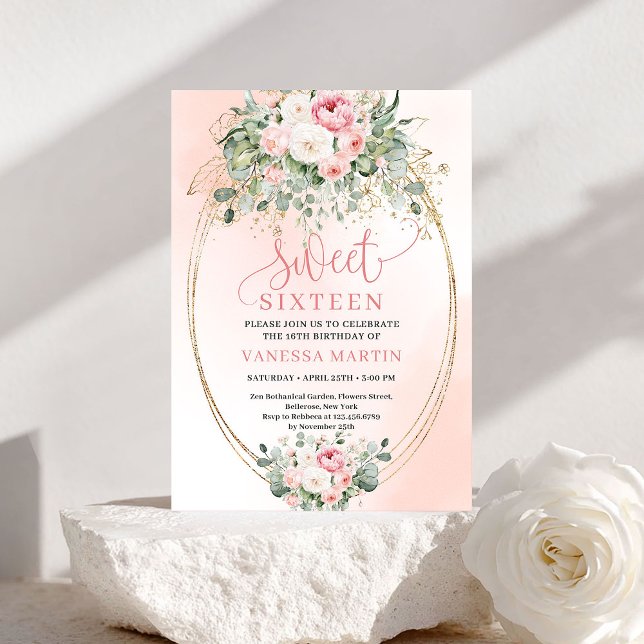 Feminine Blush Roses Gold Floral Sweet Sixteen Invitation (Feminine Blush Roses Gold Floral Sweet Sixteen Invitation)