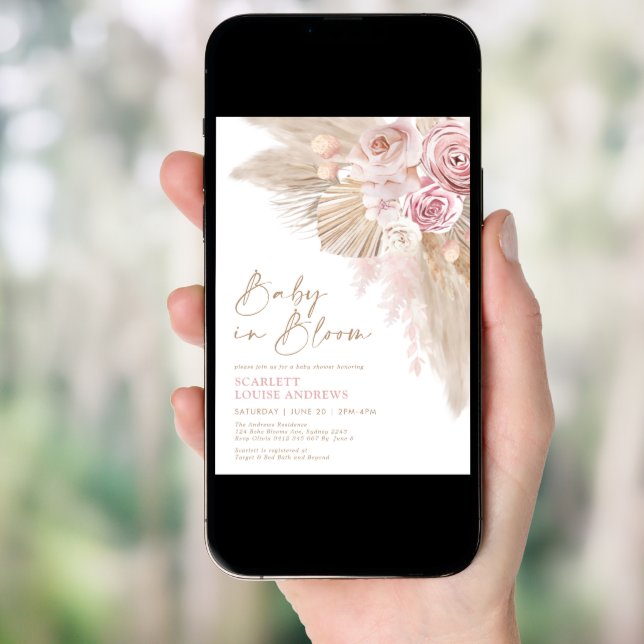 Feminine Boho Baby in Bloom Pampas Floral Shower Invitation (Front Digital)