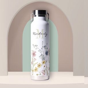 Feminine Boho Botanical Wildflowers with Monogram Water Bottle