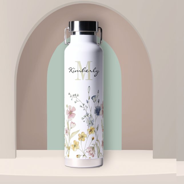 Feminine Boho Botanical Wildflowers with Monogram Water Bottle (Creator Uploaded)