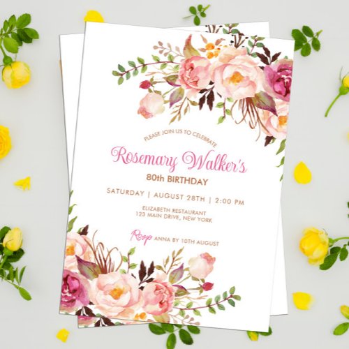 Feminine Boho Pink Peony Floral 80th Birthday 