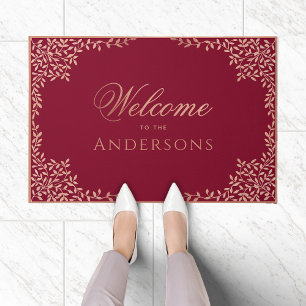 Feminine Burgundy Pink Welcome Rose Gold Leaves Doormat